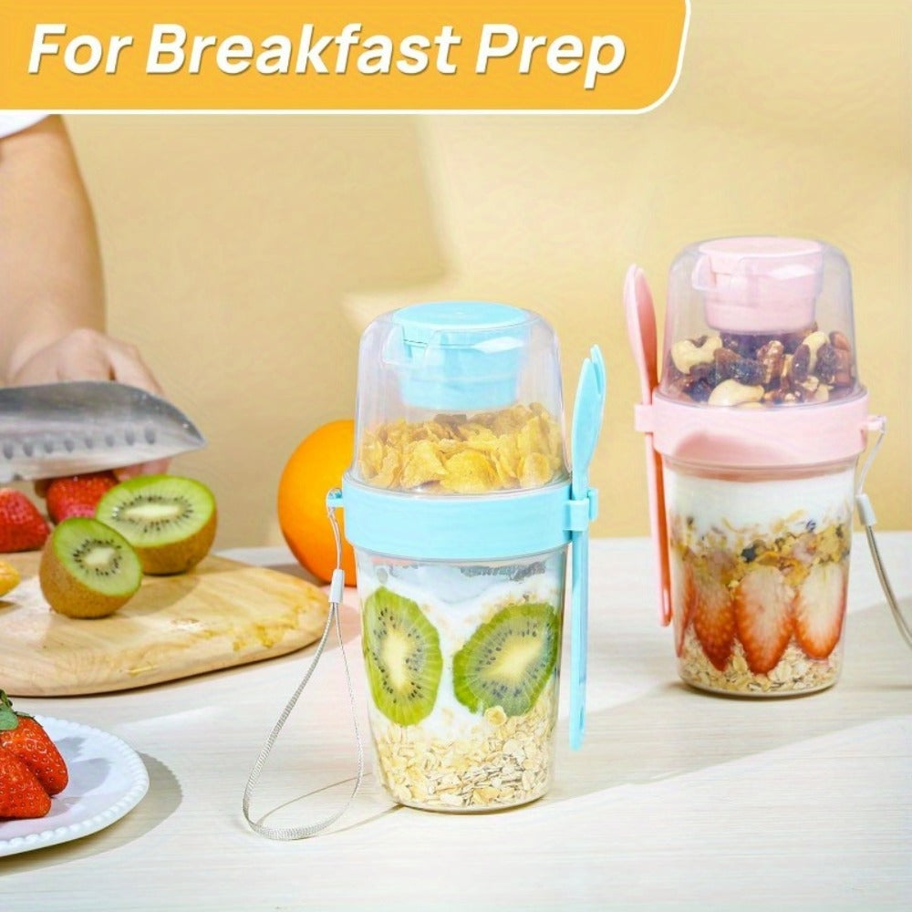 Four-Pack 27 oz Yogurt Parfait Cups with Spoons, Leak-Resistant Lids and Separate Topping Compartments