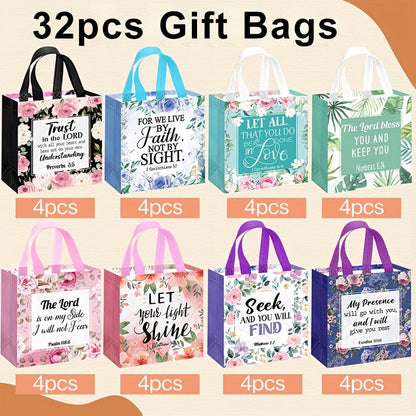 Bible Verse Tote Bags Bulk 32 Pcs Floral Religious Gift Bags with Handles Reusable Non-Woven Inspirational Bags for Christian Baptism Wedding Birthday Church Women Girls Party Favor Bags