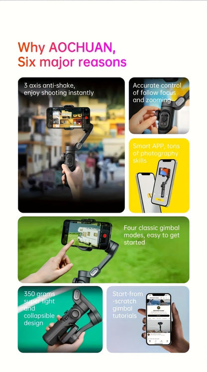 AOCHUAN Foldable 3-Axis Gimbal Stabilizer with Extendable Pole & Panoramic Gesture Control – AI Face Tracking Phone Gimbal, Magnetic Wireless Remote, 360° Rotation for Vlogging, Live Streaming & Travel