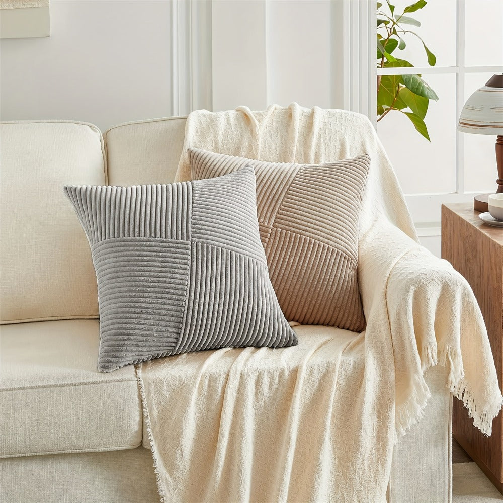 Four-Piece Corduroy Pillow Cover Set, 18 x 18 Inches with Striped, Panel and Pinwheel Textures