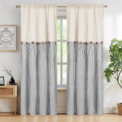 Striped Patchwork Window Curtain Set with Rod-Pocket Top, Six Colors and Five Panel-Count or Size Options