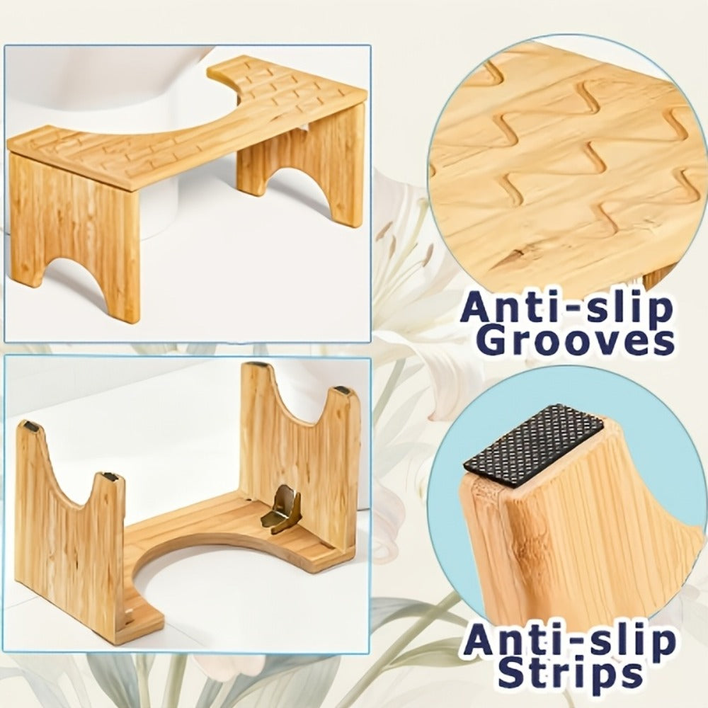 Foldable Bamboo Toilet Footstool with 7-Inch Height, Curved Opening and Anti-Slip Feet for Bathroom Use