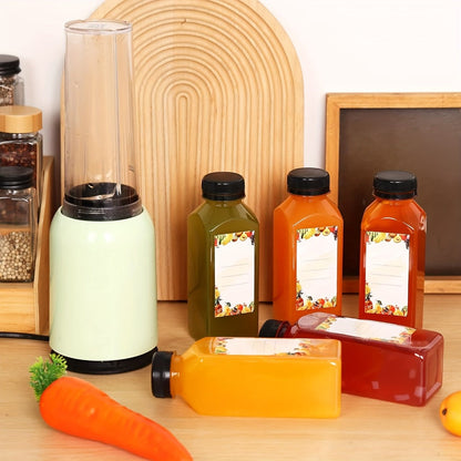 Reusable Juice Bottle Set, Clear Plastic 12oz or 16oz Drink Containers with Lids, Funnel and Cleaning Brush