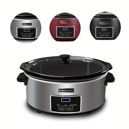 Slow Cooker 7.5 Quart Digital Programmable with Timer Ceramic Pot Stainless Steel Housing 3 Heat Settings Low High Keep Warm Large Capacity for Family Dinners Holiday Feasts Serves 10 Plus People