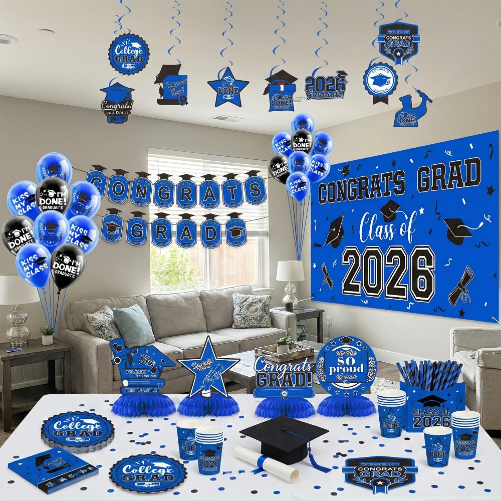 Party Decorations Class of 2026 Graduation Set with Backdrop, Banner, Swirls and Table Pieces in Five Colors