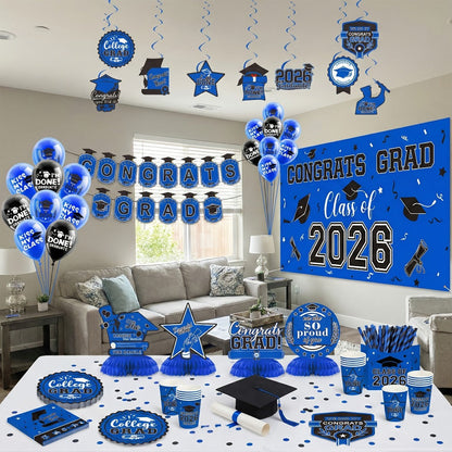 Party Decorations Class of 2026 Graduation Set with Backdrop, Banner, Swirls and Table Pieces in Five Colors