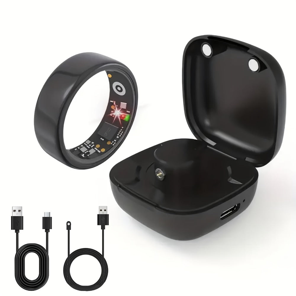 Smart Ring with Charging Case – Bluetooth 6.0 Fitness & Sleep Tracker, Steps, Calories, Remote Camera Control, iOS & Android Compatible, Sizes 7–13, Black Gold Silver