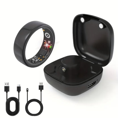 Smart Ring with Charging Case – Bluetooth 6.0 Fitness & Sleep Tracker, Steps, Calories, Remote Camera Control, iOS & Android Compatible, Sizes 7–13, Black Gold Silver