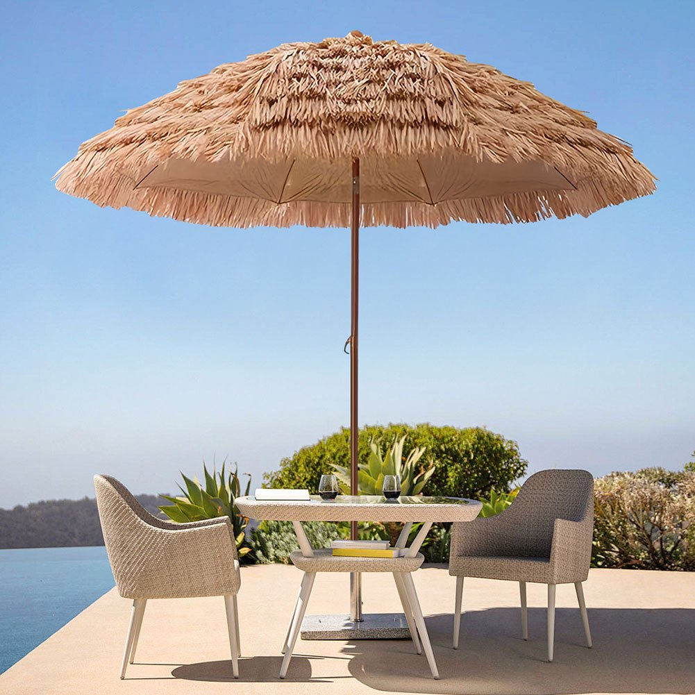 Patio Umbrella 7.5FT Thatch-Style Tiki Design with Steel Pole, Iron Frame, Push Tilt and UV Shade