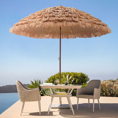 Patio Umbrella 7.5FT Thatch-Style Tiki Design with Steel Pole, Iron Frame, Push Tilt and UV Shade