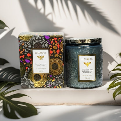 Single-Wick Relief Glass Jar Candle with Seven Scent Labels, Crystal-Style Detail and Boxed Presentation