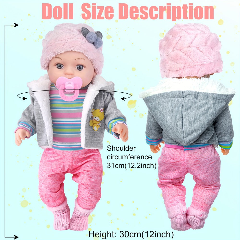 12-Inch Baby Doll Playset with Gray Coat, Pink Hat, Bottle, Pacifier, Socks and Three Tableware Pieces