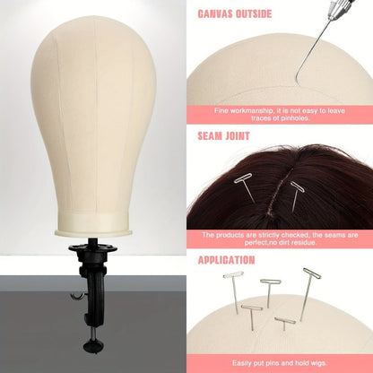 Canvas Mannequin Head and Tripod Wig Stand Kit, 22-Inch Block with Clamp, Pins, Combs and Brushes