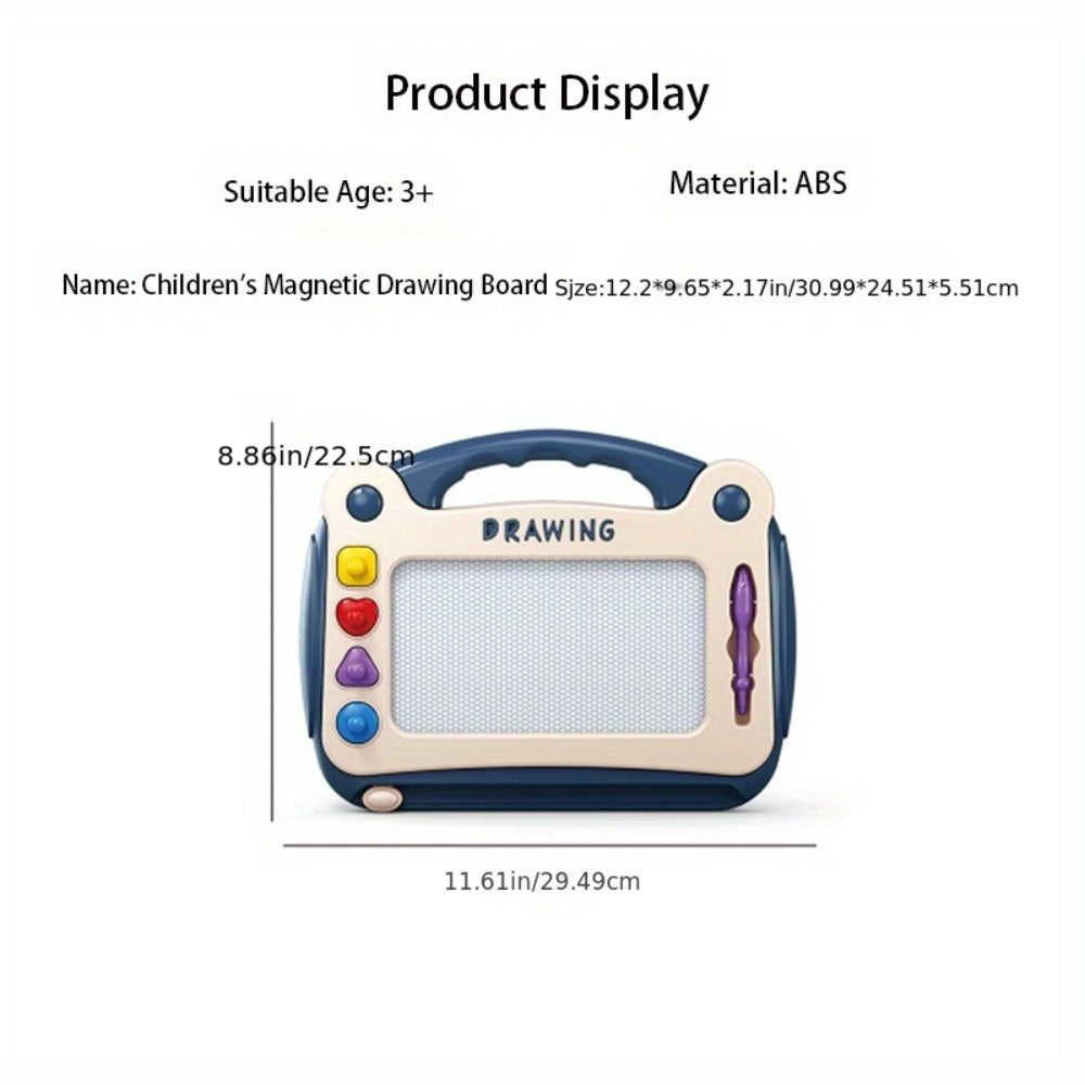 Portable Kids Magnetic Drawing Board with Four Shape Stamps, Tethered Stylus, Carry Handle and Slide Eraser