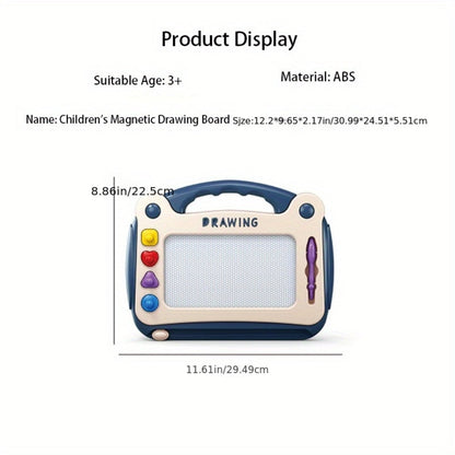 Portable Kids Magnetic Drawing Board with Four Shape Stamps, Tethered Stylus, Carry Handle and Slide Eraser