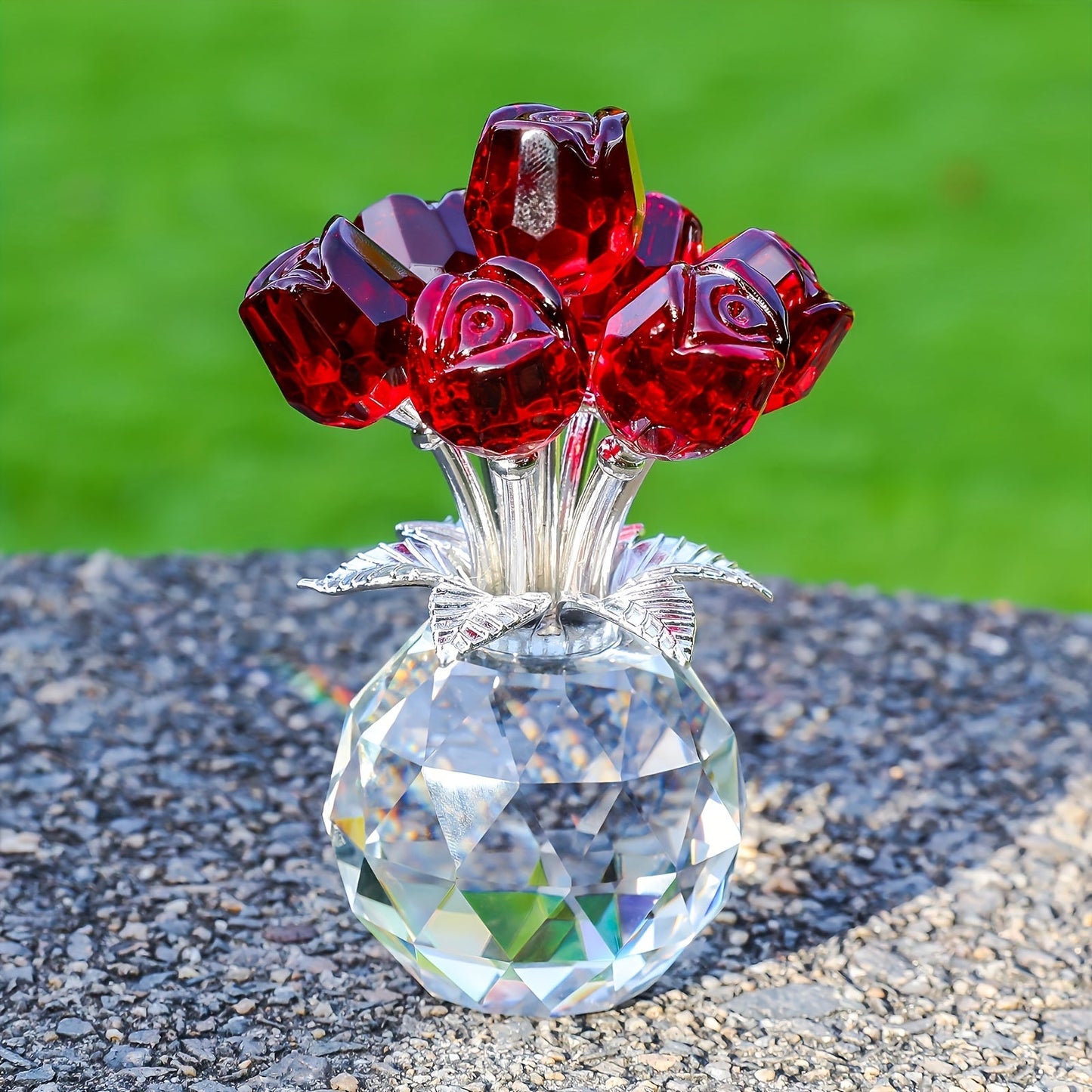 Artificial Flowers Crystal-Look Mini Rose Arrangement with Faceted Display Base in Four Color Options