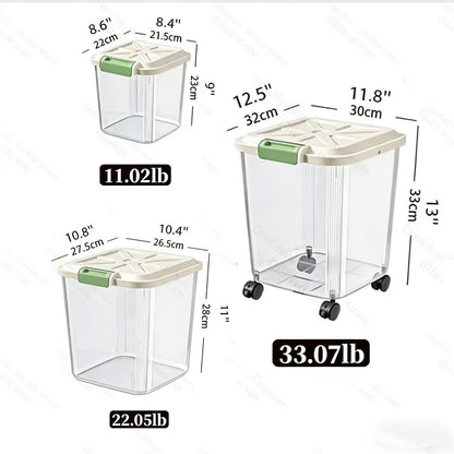 Transparent Rolling Pet Food Bin with Scoop and 11lb, 22lb or 33lb Capacity-Labeled Options