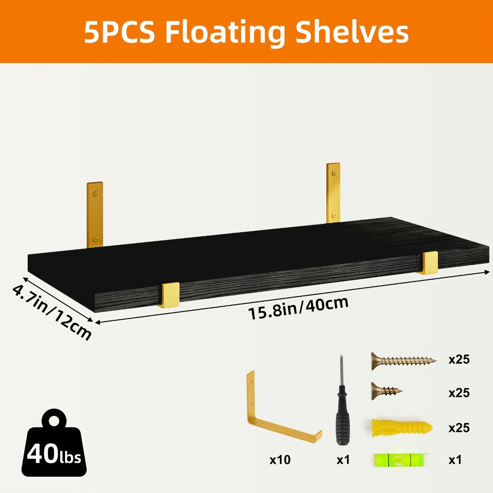 Five-Piece Rustic Floating Shelf Set with Black Metal Brackets in Light Brown, Dark Brown or Black-Gold Finishes