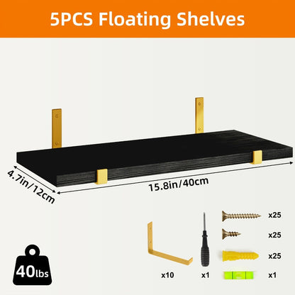 Five-Piece Rustic Floating Shelf Set with Black Metal Brackets in Light Brown, Dark Brown or Black-Gold Finishes