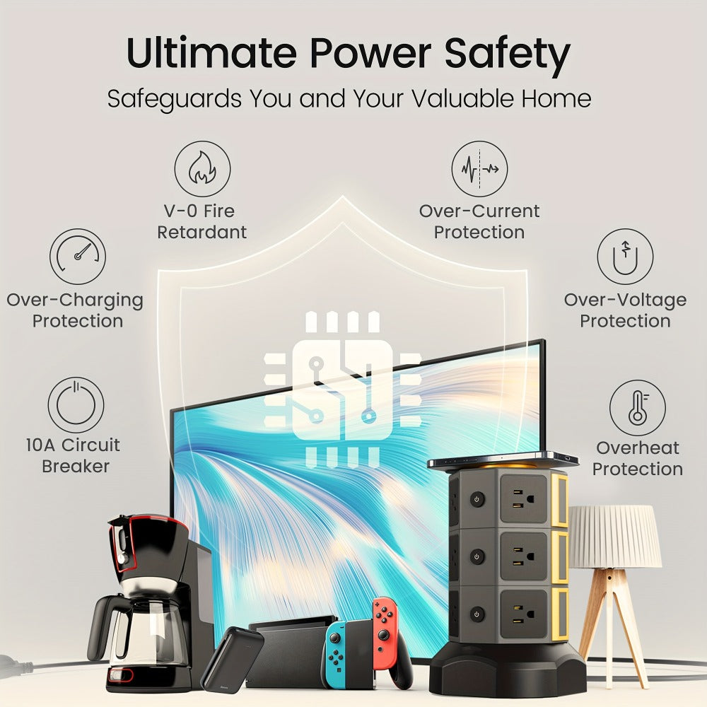 Power Strip Tower with 12 AC Outlets, 4 USB-A, 2 USB-C, 15W Magnetic Wireless Charger and 5.5-Foot Retractable Cord