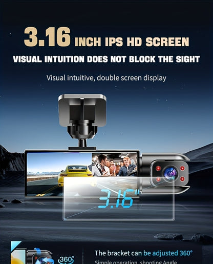 Dual Lens Dash Cam Front and Inside 1080P - Infrared Night Vision, Loop Recording, 3.16" IPS Screen, Wide Angle, Car Dashboard Camera with Rear Cabin View