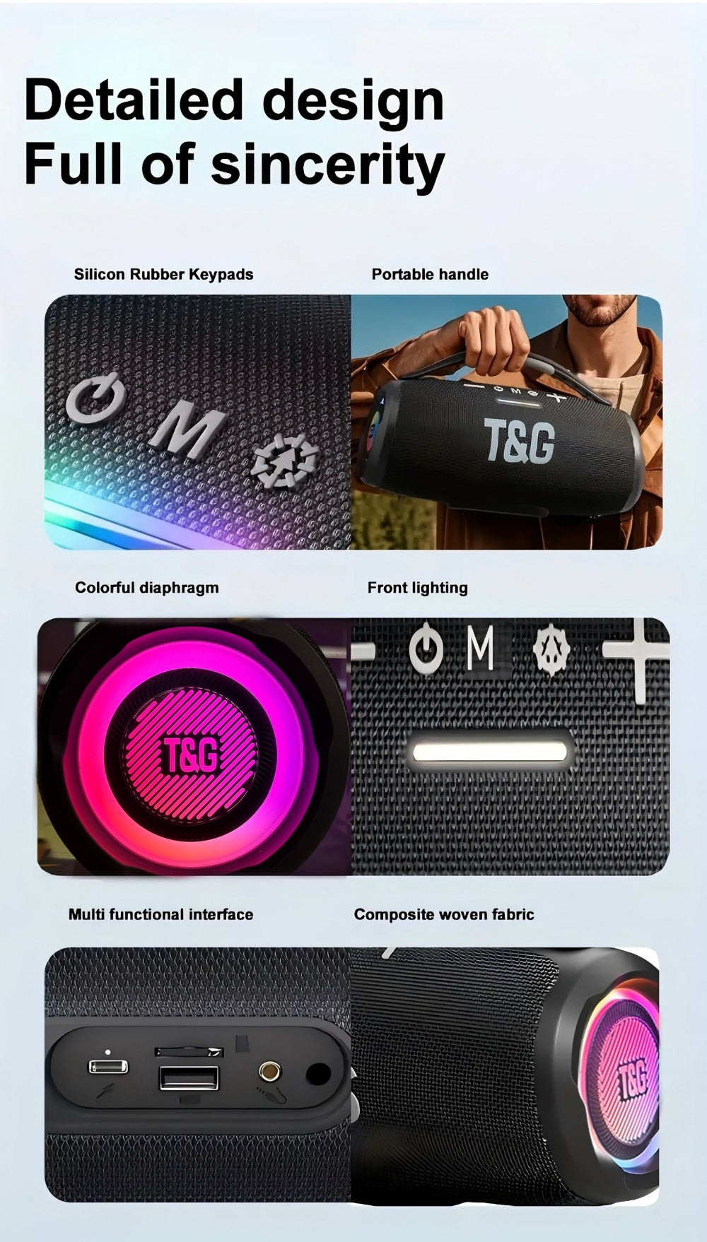 Portable Bluetooth Speaker TG418 with 3000mAh Battery, EQ, LED Lights, Type-C, TF, USB and AUX