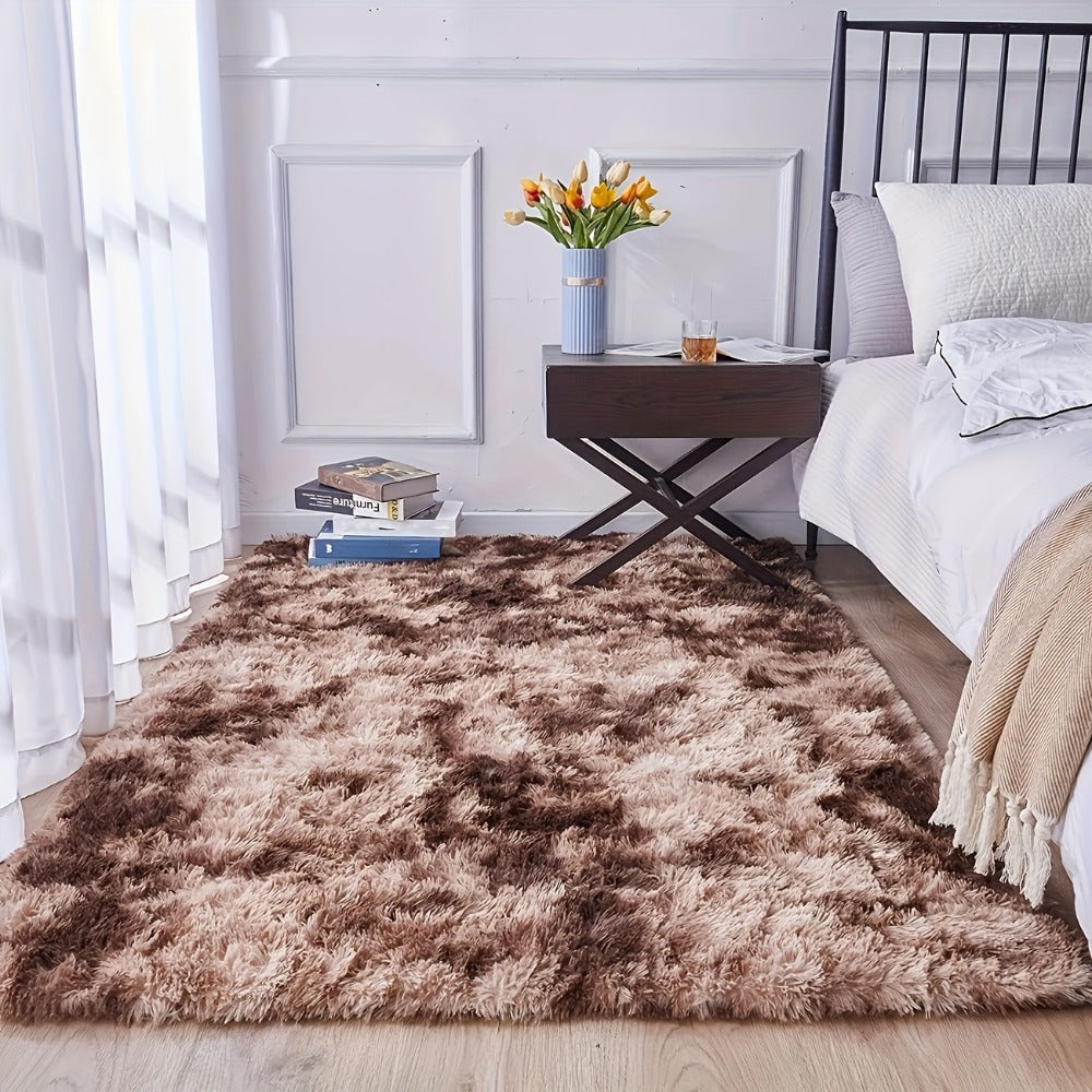 Area Rug Fluffy Faux-Fur Shag in Solid, Tie-Dye and Ombre Colors with Six Retained Room Sizes