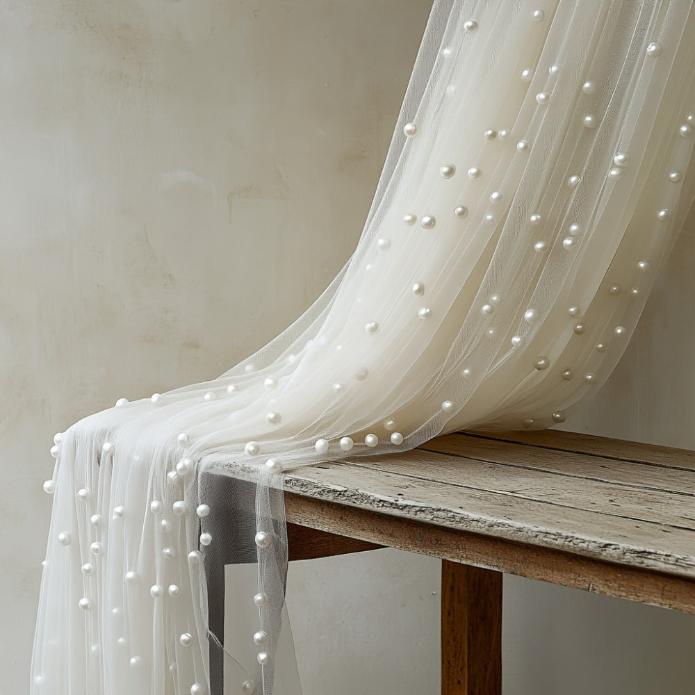 White Pearl-Embellished Sheer Tulle Fabric Roll in 160 x 300 cm Size for Backdrops and Table Decor