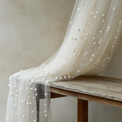 White Pearl-Embellished Sheer Tulle Fabric Roll in 160 x 300 cm Size for Backdrops and Table Decor