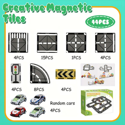 44-Piece Magnetic Road Tile Set with Pictured Cars, Signs, Signals and Black-and-White Track Sections