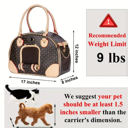 Patterned Pet Carrier Handbag with Mesh Side Panel, Top Handles and 17 x 12 x 8-Inch Pictured Size