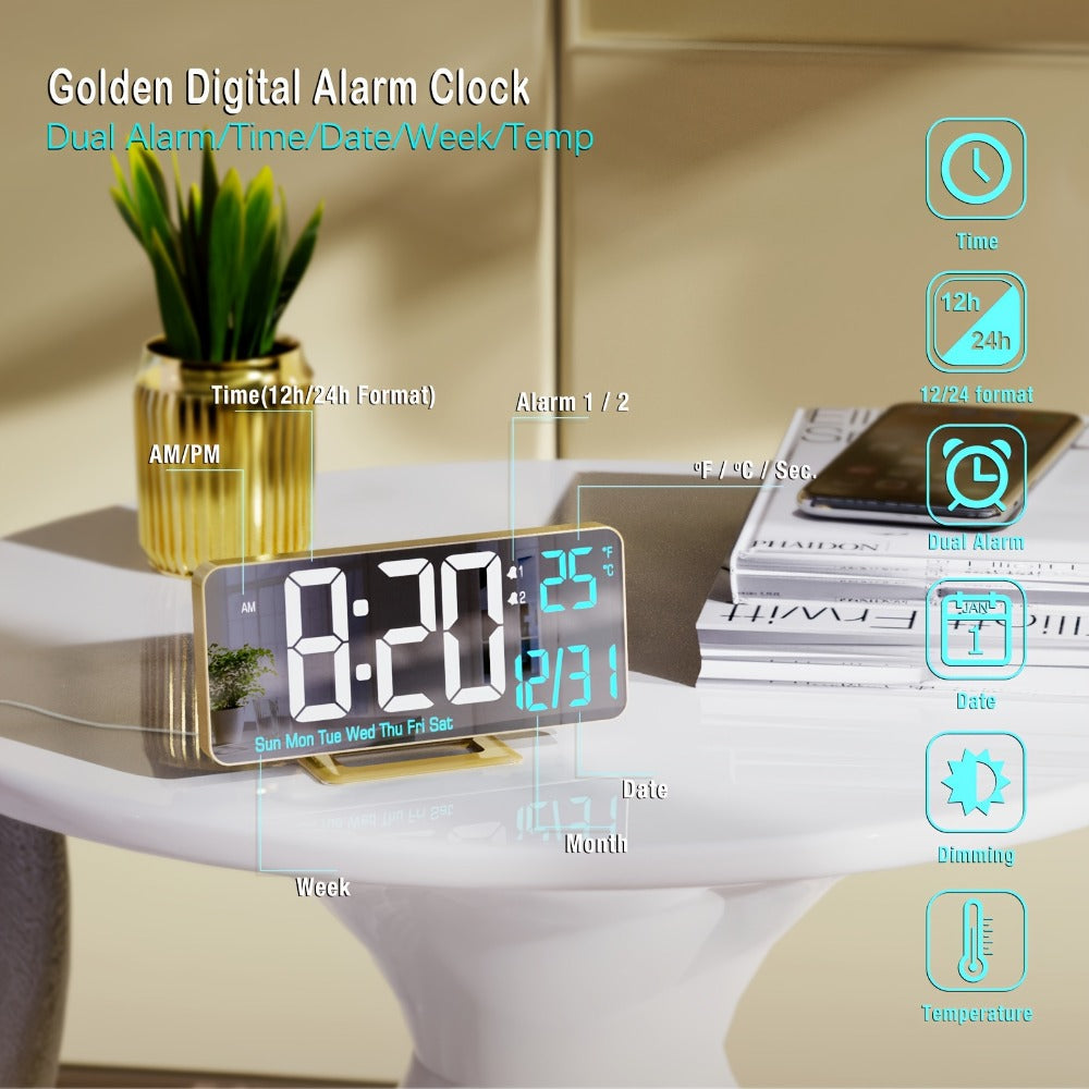 Large Digital Alarm Clock 6.7" with Dual Alarm & Dimmable LED Display, USB Powered Desk Clock with Temperature