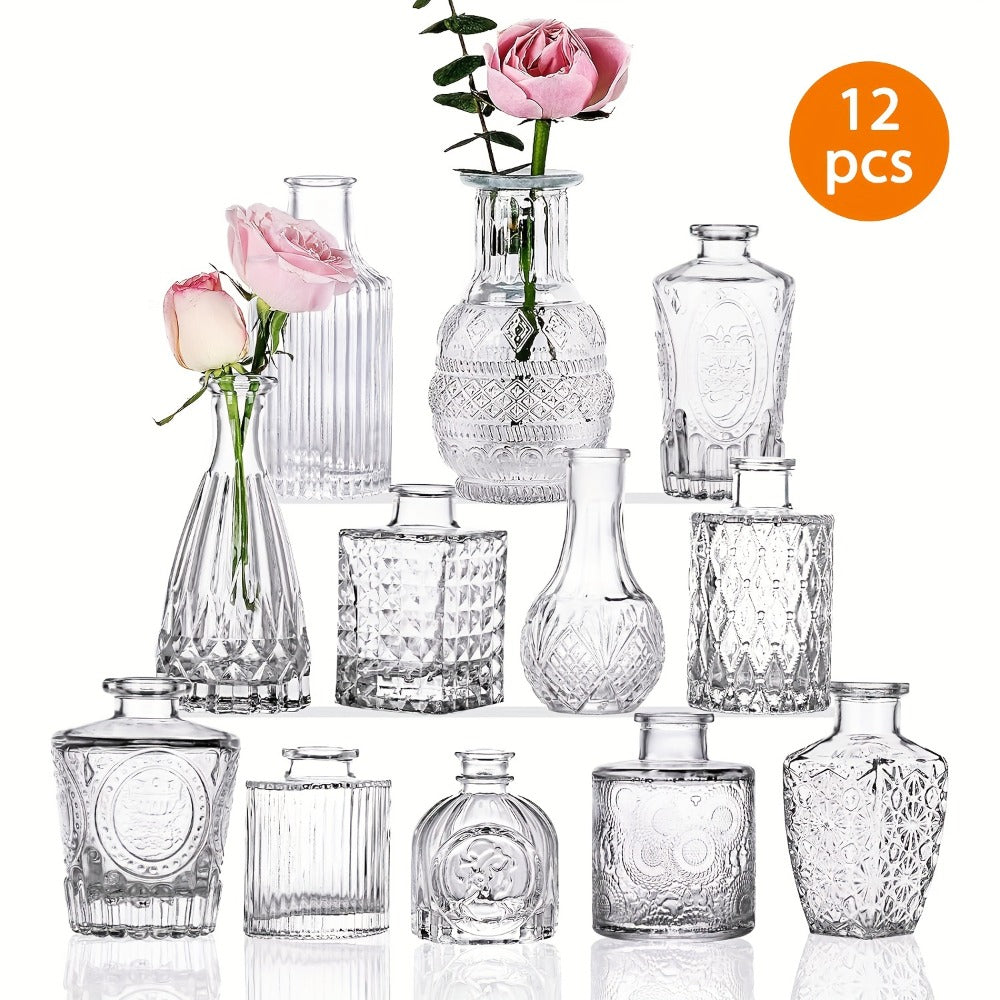 Assorted Clear Glass Bud Vase Set with 12, 24 or 64 Mixed Shapes for Flowers and Table Centerpieces