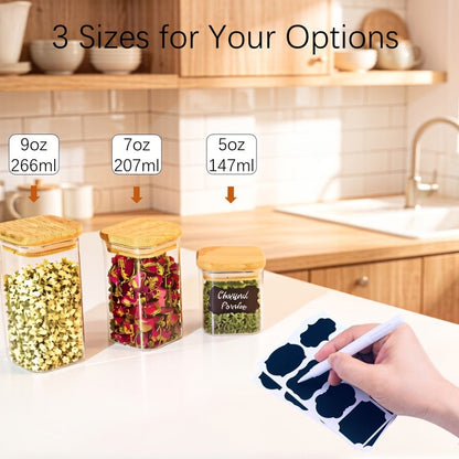 Twelve-Piece Square Glass Spice Jar Set with Bamboo-Style Lids, Labels and 7-Ounce Capacity