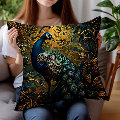 Vintage Peacock Throw Pillow Covers, Set of Four 18 x 18-Inch Short-Plush Cases with Zipper Openings