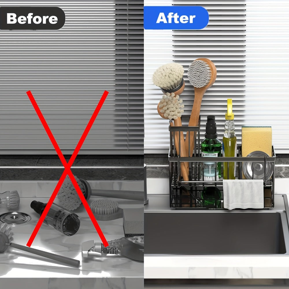 Black Sink Caddy with Drain Tray, Hanging Dishcloth Bar, Brush Holder and 23.5 cm Countertop Width