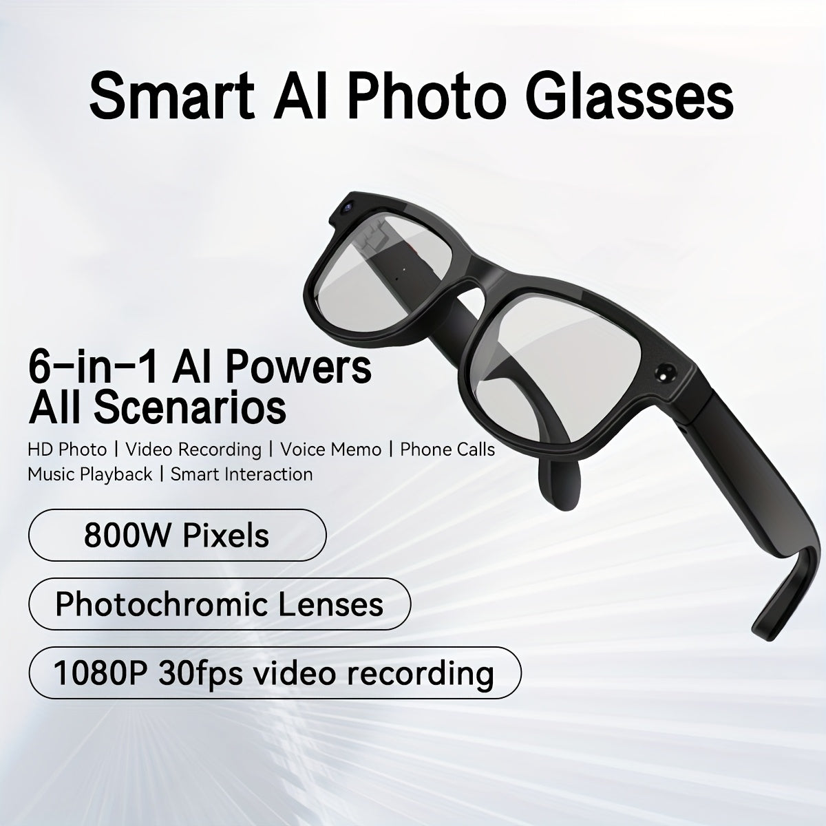 Smart Glasses 8MP Dual-Camera Eyewear with 1080P Video, Three Interchangeable Lenses and 290mAh Battery