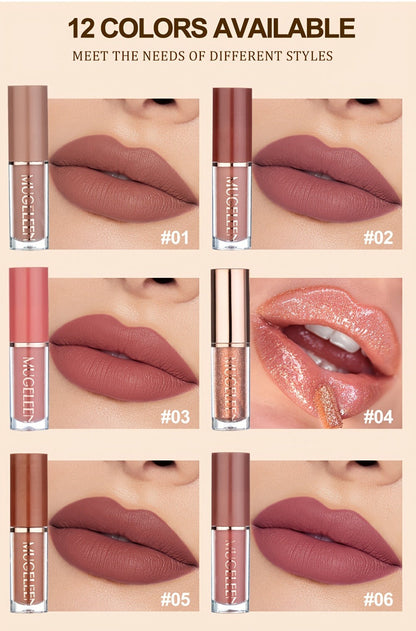 Lip Gloss Set 12 Pcs Matte & Pearlescent Lip Glaze Collection – Non-Stick Cup Long-Lasting Non-Fading Velvety Finish Lip Makeup Gift Set for Women Girls All Skin Tones