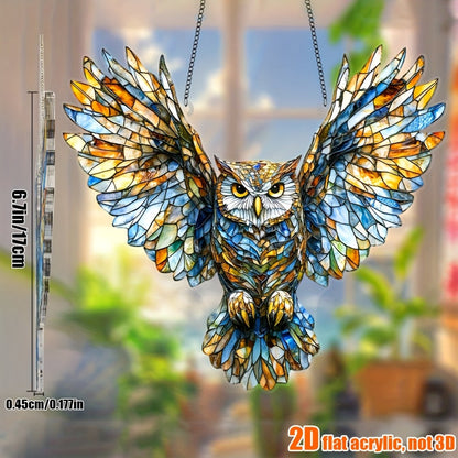Owl Hanging Ornament Colorful Acrylic 6.7"x8", 2D Flat Animal Wall Art Decoration for Christmas Tree, Home, Office & Outdoor, Unique Birthday & Anniversary Gift for Her – Boho Bird Decor (1pc)