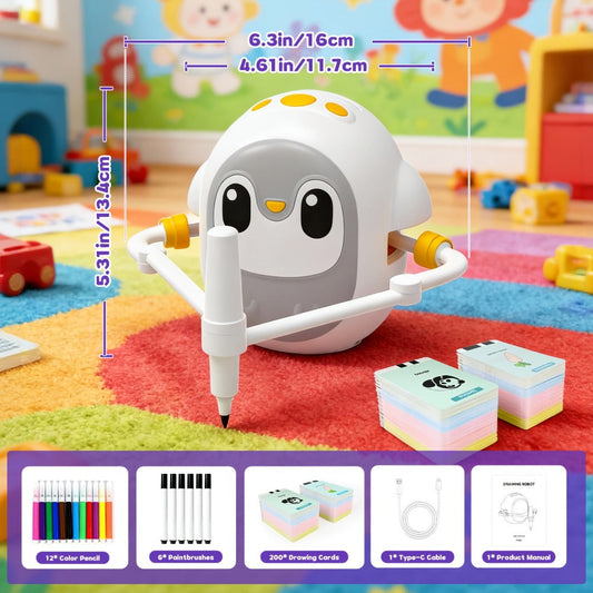 Drawing Robot for Kids Penguin, 200 Learning Cards & 12 Color Pens, STEM Art Educational Toy, Screen-Free Interactive Drawing Game, Step-by-Step Lessons for Boys & Girls Ages 3+, USB Charging, Birthday Gift