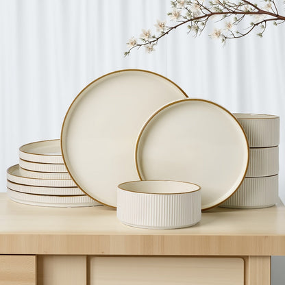 12-Piece Ribbed Dinnerware Set for Four with Dinner Plates, Salad Plates and Cereal Bowls in Two Cream Tones