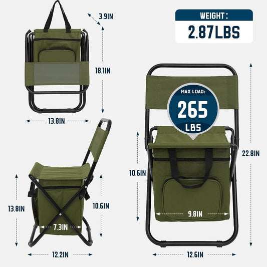 Folding Backpack Camping Chair with Backrest & 12.4L Storage Bag, Lightweight 265 lb Stool for Fishing & Events