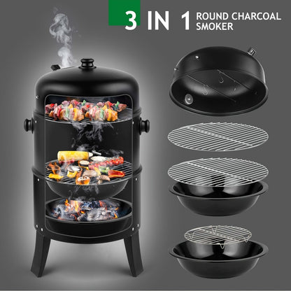 3-in-1 Barrel Charcoal Grill and Smoker with Two Access Doors, Top Vent, Thermometer and Upgrade Option