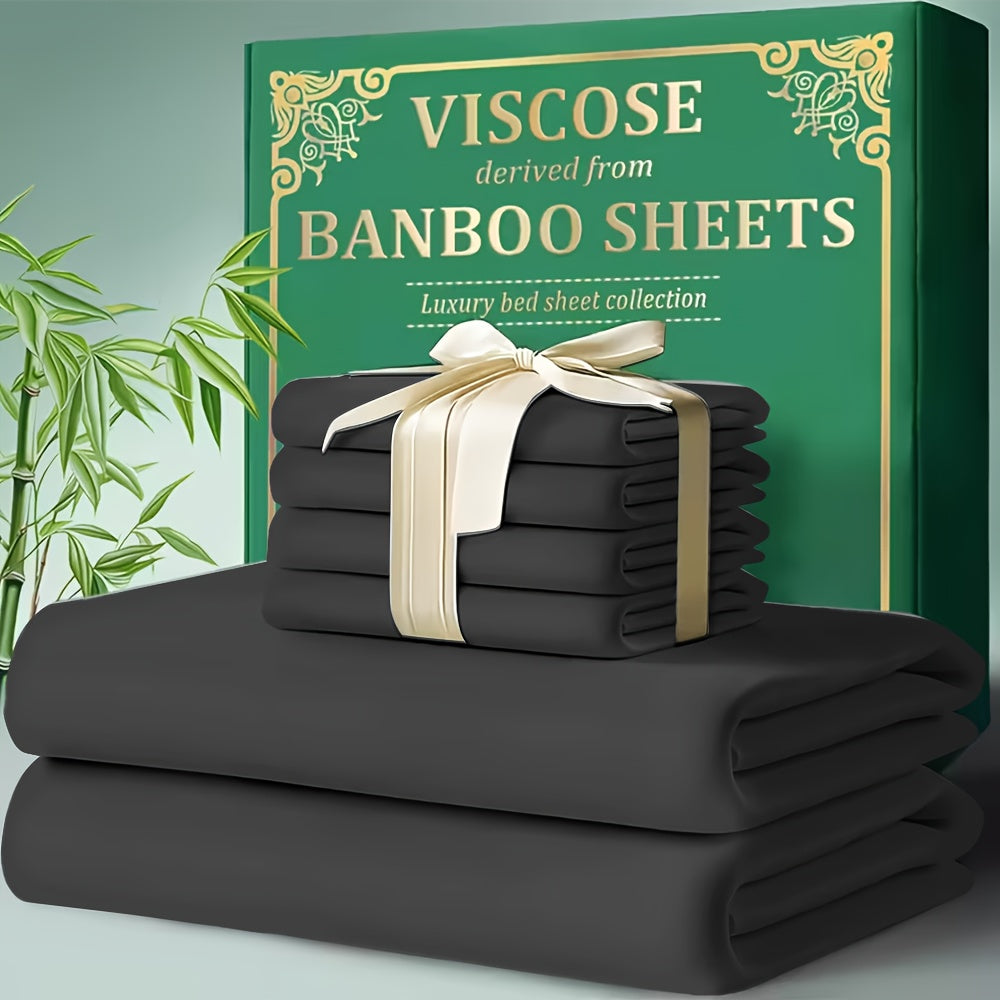 Bed Sheet Set 4-Piece Bamboo-Derived Cooling Fabric with Deep-Pocket Fitted Sheet and Four Bed Sizes