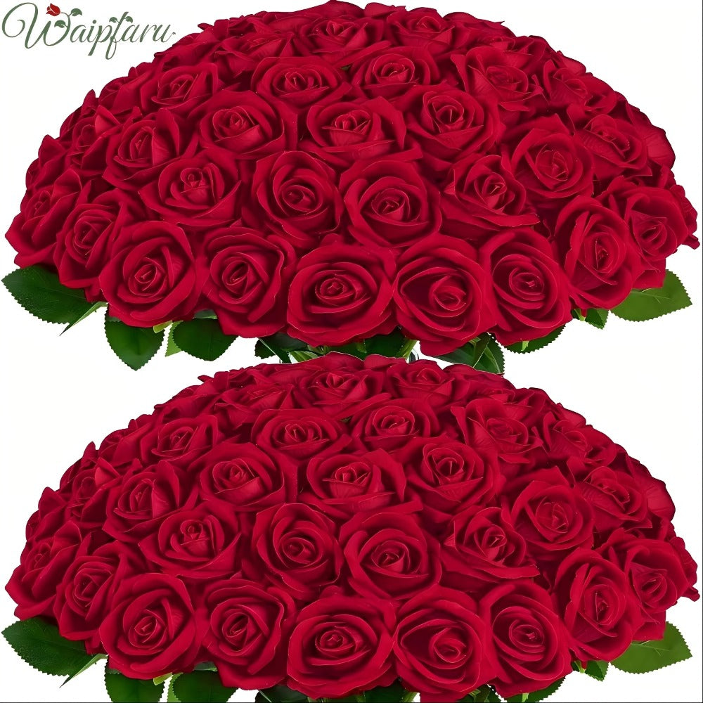 Artificial Flowers Long-Stem Velvet Rose Set in 50 or 100-Piece Variant Options across Five Colors