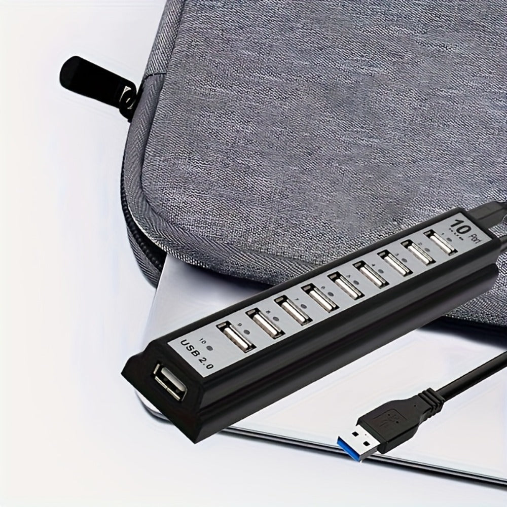 Black 10-Port USB 2.0 Hub with USB-A Host Cable, Numbered Ports and DC Power Input for Desktop Expansion