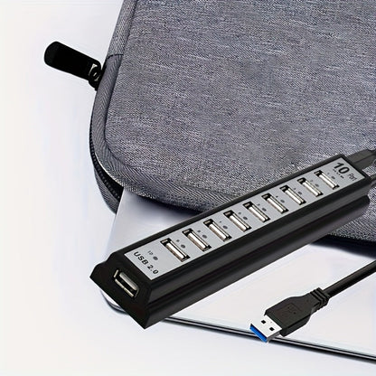 Black 10-Port USB 2.0 Hub with USB-A Host Cable, Numbered Ports and DC Power Input for Desktop Expansion