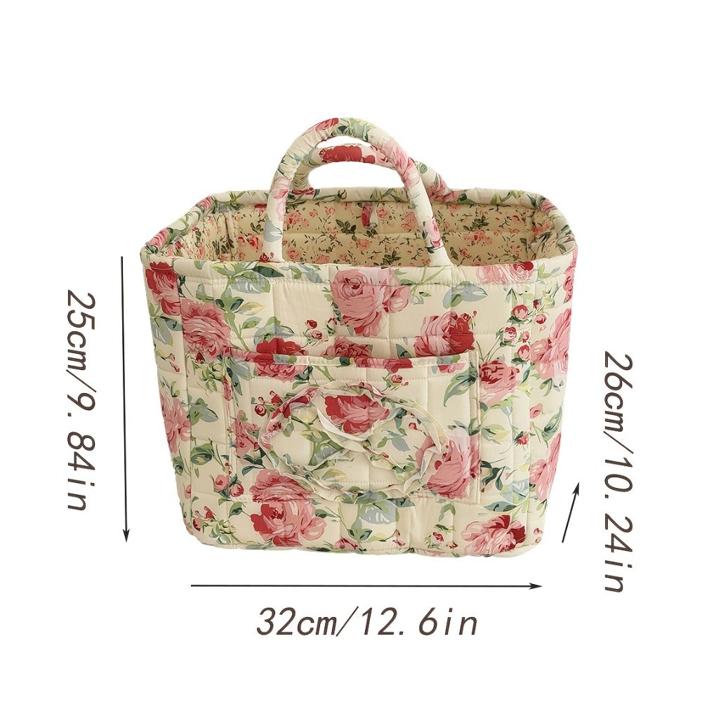 Quilted Floral Carry Storage Basket, Approximately 32 x 26 x 25cm with Two Padded Handles and Seven Patterns