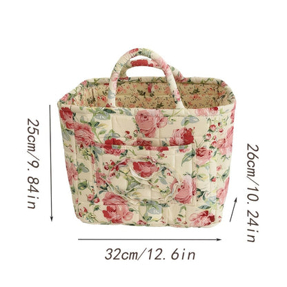 Quilted Floral Carry Storage Basket, Approximately 32 x 26 x 25cm with Two Padded Handles and Seven Patterns