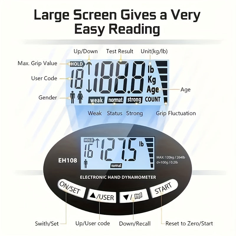 Fitness Equipment Digital Hand Grip Dynamometer with 264 lb Range, LCD Screen and Adjustable Handle